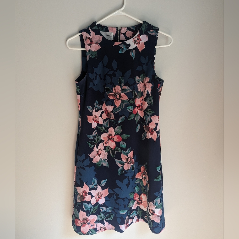 Donna Morgan Womens Navy Blue Floral Round Neck Sleeveless Shift Dress Size 4